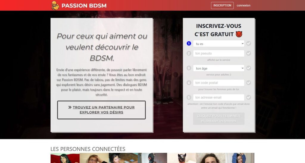 Capture d'écran du site Passion BDSM, un fond noir, un bandeau rouge en haut et deux blocs d'écritures